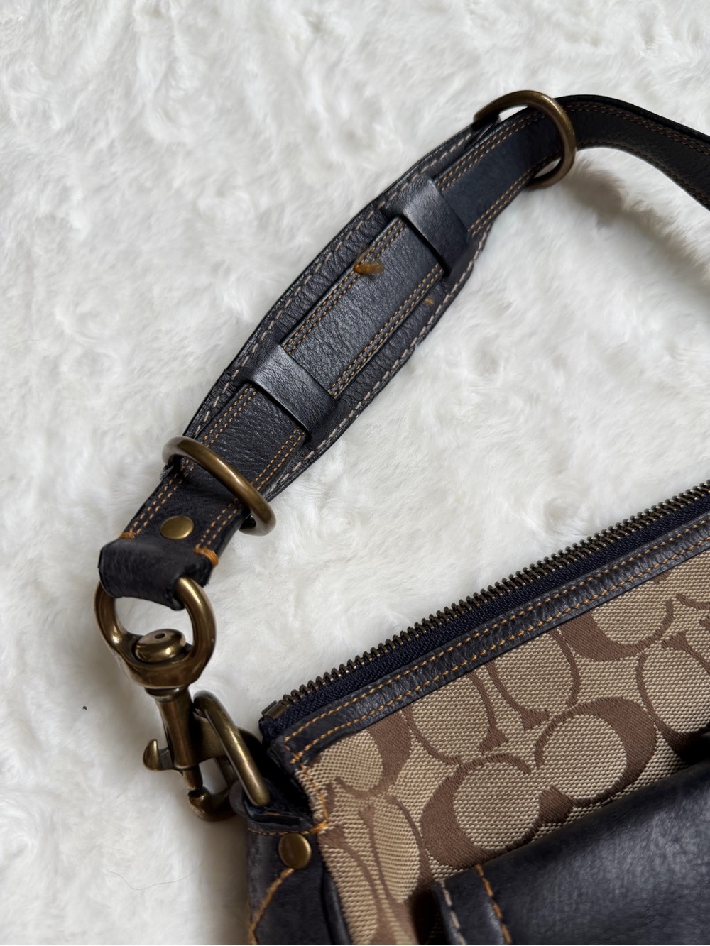 Coach Brown Logo Canvas Shoulder Bag with Dark Blue Leather Trim - Picture 5 of 10